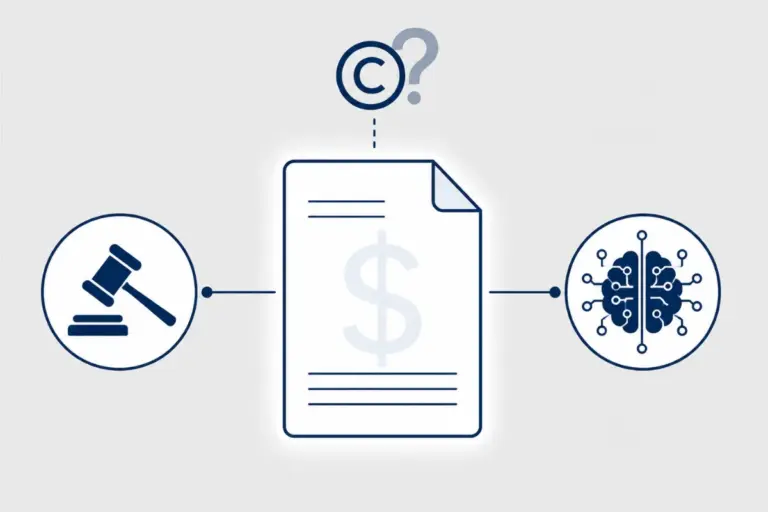 Gavel, AI brain icon, and document with copyright question mark is AI content legal for commercial use
