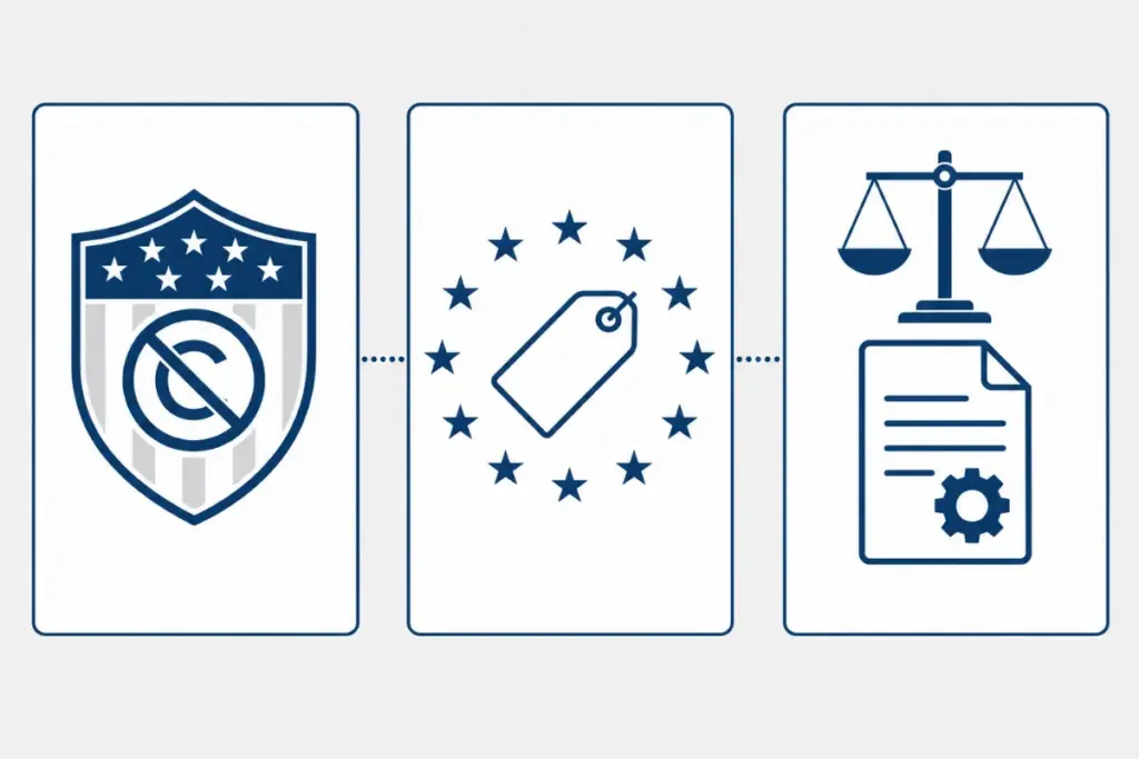 Three panels comparing US, EU, and UK copyright rules for AI-generated commercial content