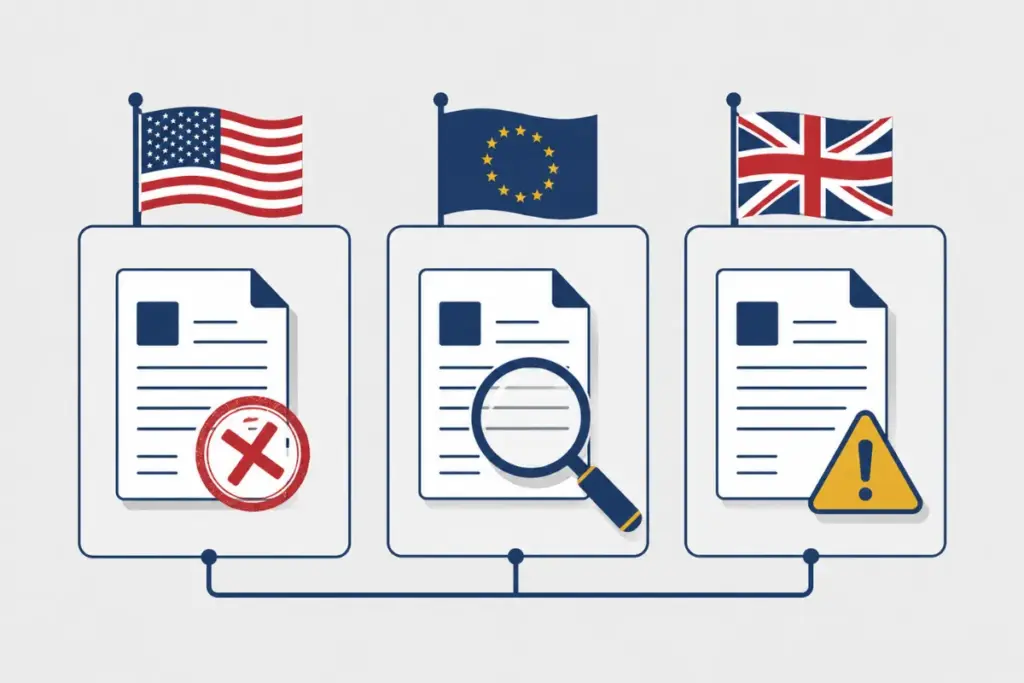 Three jurisdiction panels comparing US, EU, and UK approaches to AI copyright ownership