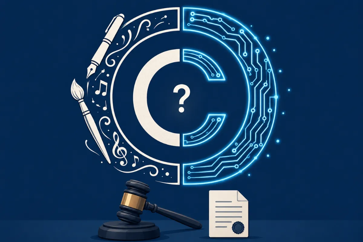 Split copyright symbol showing human creativity and AI circuits — AI copyright who owns the work
