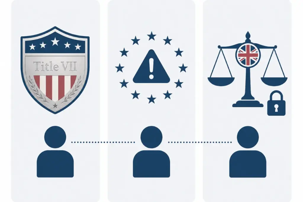 Three jurisdiction shields representing US, EU, and UK laws protecting against AI hiring discrimination
