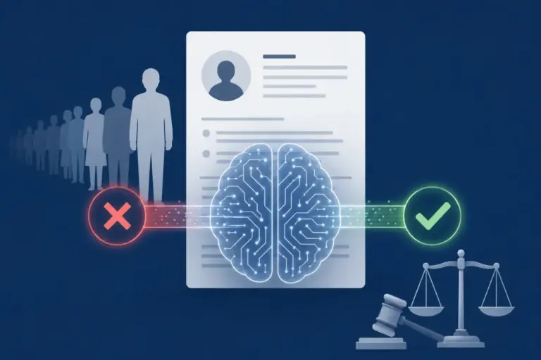 AI circuit brain scanning a job resume with accept and reject marks AI used in hiring discrimination