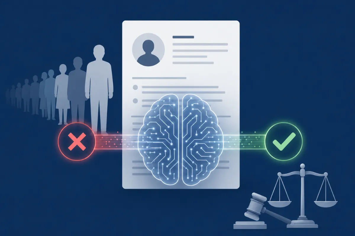 AI circuit brain scanning a job resume with accept and reject marks AI used in hiring discrimination