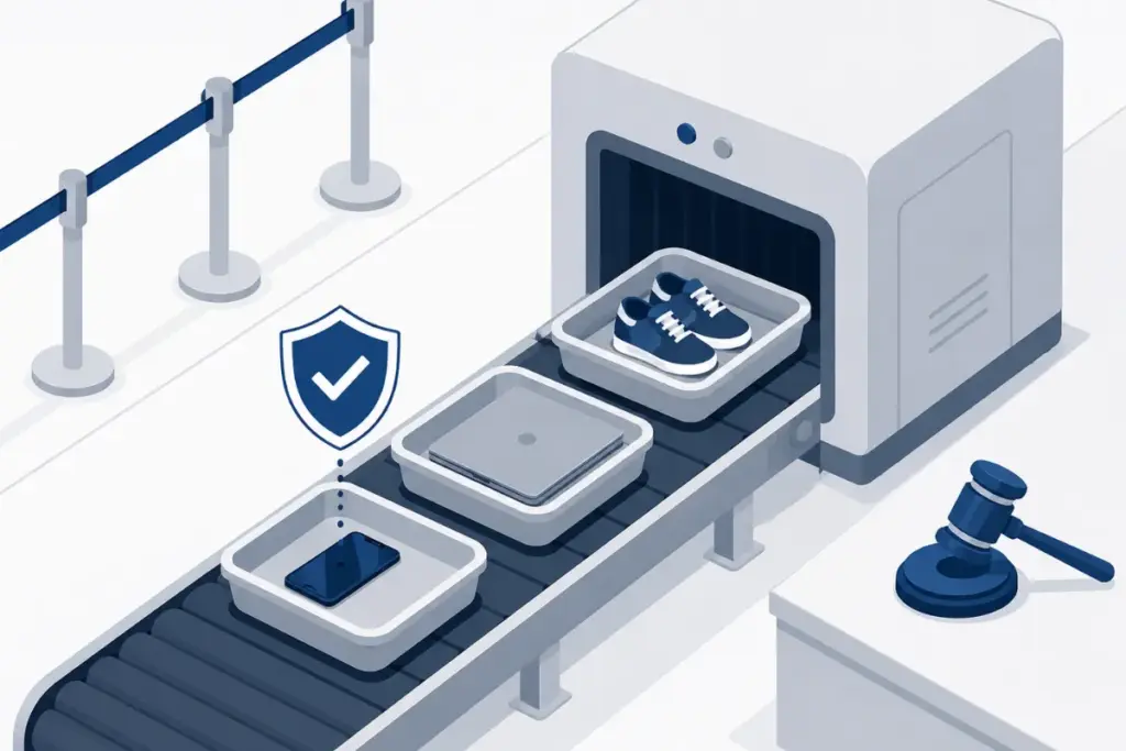 Isometric airport security conveyor belt with phone protected by shield icon — digital privacy rights at TSA checkpoint
