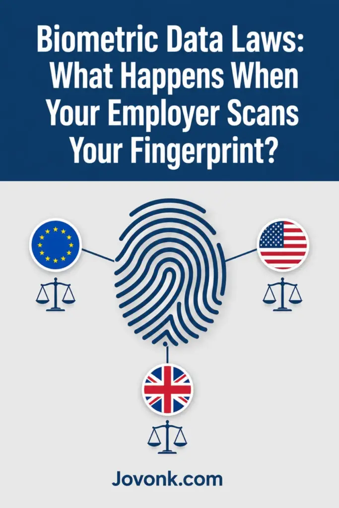 Biometric data collection laws infographic showing fingerprint rights across US, EU, and UK jurisdictions