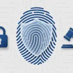 Fingerprint with shield and gavel icons representing biometric data collection laws and employee rights