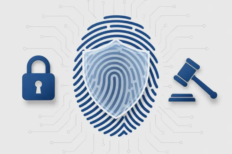 Fingerprint with shield and gavel icons representing biometric data collection laws and employee rights
