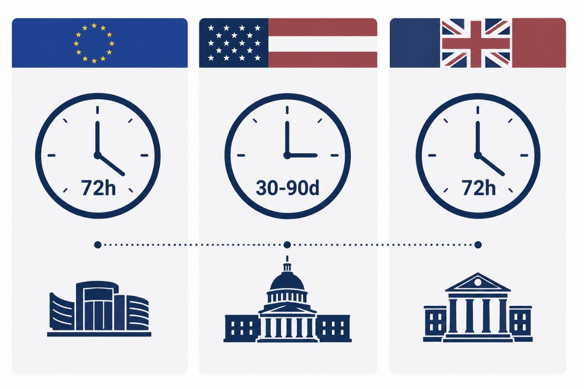 Three jurisdiction clocks comparing EU, US, and UK data breach company obligations and notification deadlines