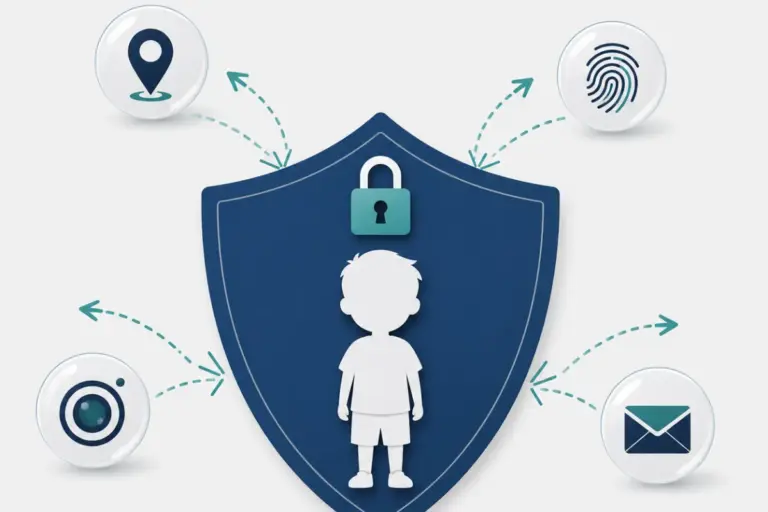 Shield icon blocking personal data collection from a child — children online privacy COPPA explained