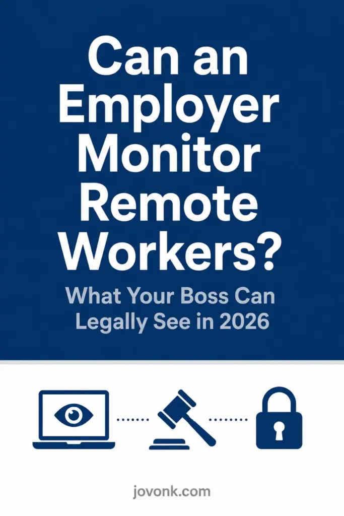 Pinterest graphic asking can an employer monitor remote workers, with laptop, gavel and padlock icons on navy