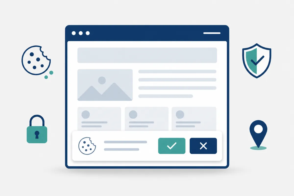Browser window showing a cookie consent banner with accept and reject buttons cookie consent laws 2026