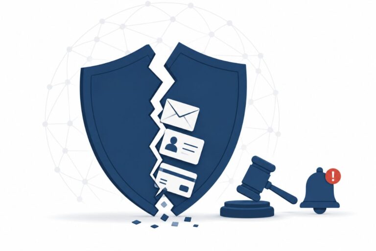 Cracked shield with personal data icons illustrating data breach company obligations and notification rules
