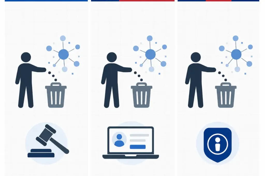 Three-panel illustration comparing data broker opt-out rights across US, EU, and UK jurisdictions