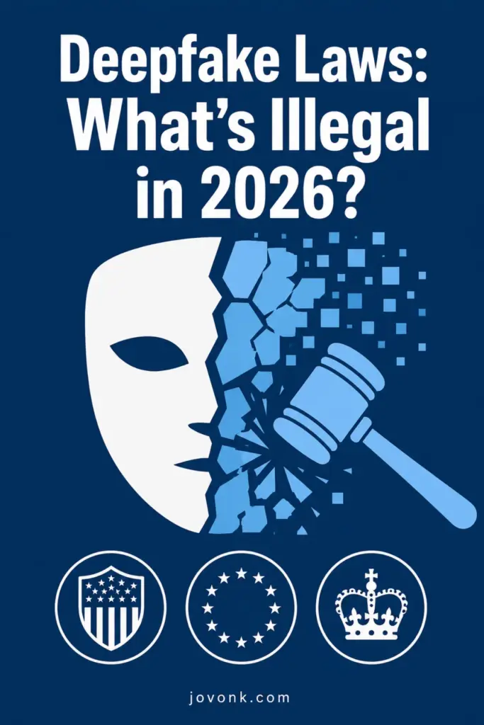 Shattered digital mask with gavel and US EU UK icons deepfake laws what is illegal 2026