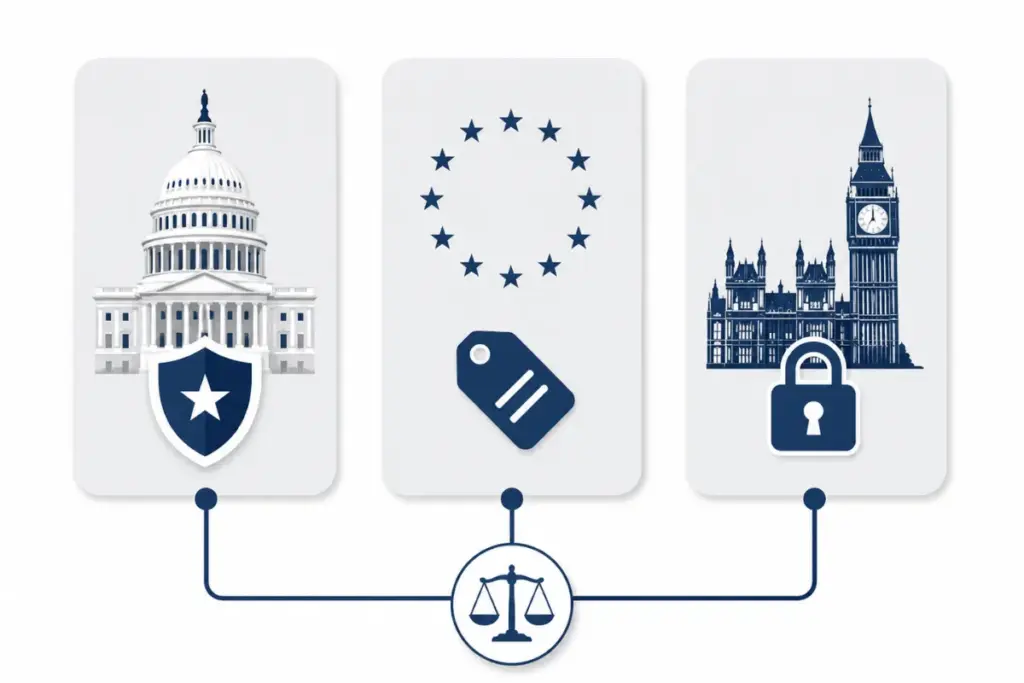 Three jurisdiction panels showing US EU and UK deepfake law symbols with scales of justice