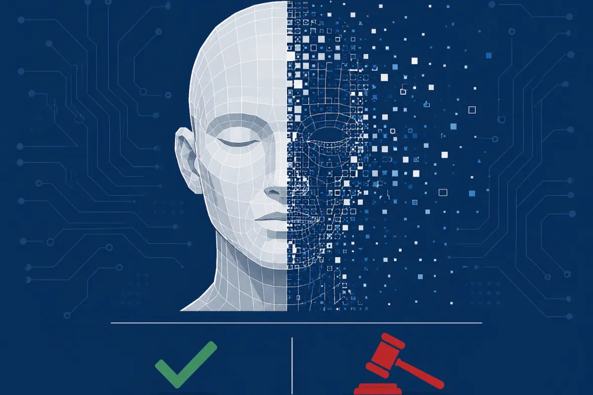 Digital face silhouette splitting apart with gavel and checkmark deepfake laws what is illegal in 2026