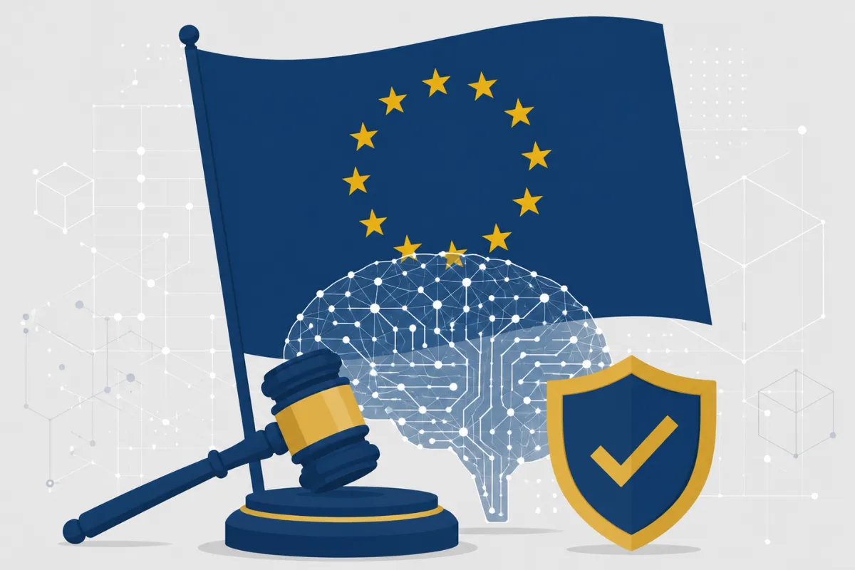 Gavel, EU flag, and digital brain icon representing the EU AI Act explained in plain terms