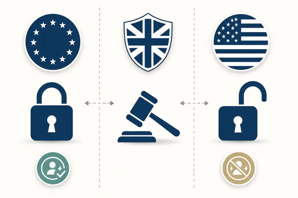 Side-by-side comparison of EU, UK, and US cookie consent law approaches with lock and gavel icons