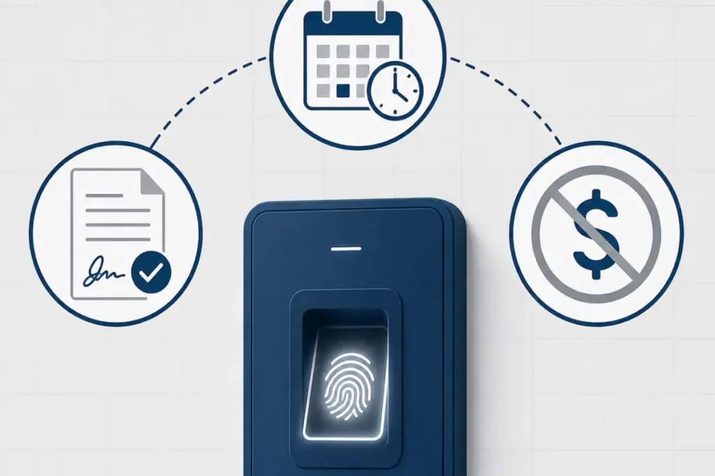 Biometric time clock scanner with consent and retention icons showing employer data collection requirements

IMAGE 3 — Pinterest Featured Image (vertical 2:3 ratio)
Image prompt: Vertical 2:3 ratio Pinterest graphic with a light gray background. Top third: bold white text on a dark navy (#1b4a7a) banner reading "Biometric Data Laws: What Happens When Your Employer Scans Your Fingerprint?" in a clean sans-serif font. Middle section: a large stylized fingerprint in dark navy with three jurisdiction flag-colored dots (blue for EU, red-white-blue for US, red-white for UK) connected to the fingerprint by thin lines, each with a small legal scales icon beside it. Bottom section: the Jovonk.com logo or wordmark in dark navy. No human faces. Clean flat design with subtle shadows for depth. Professional and approachable mood throughout.
File name: biometric-data-collection-laws-pinterest.jpg
Title: Biometric Data Laws — Your Fingerprint Rights at Work in 2026
ALT text: Biometric data collection laws infographic showing fingerprint rights across US, EU, and UK jurisdictions
