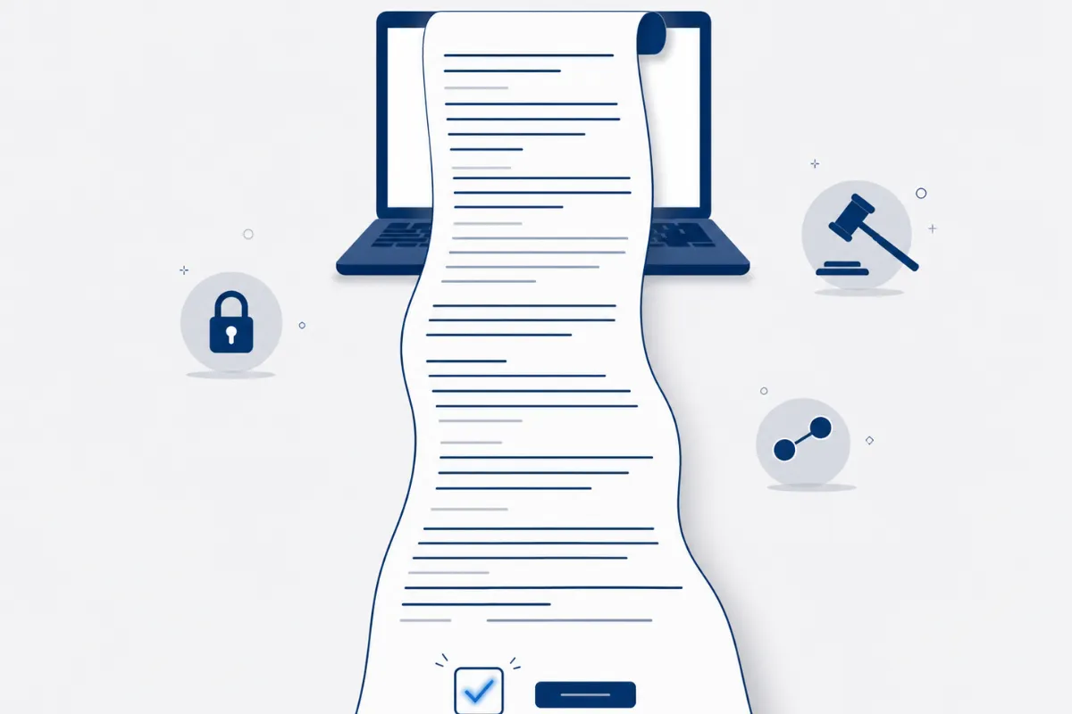 Long legal document scrolling from a laptop with an "I Agree" checkbox — terms of service what am I agreeing to