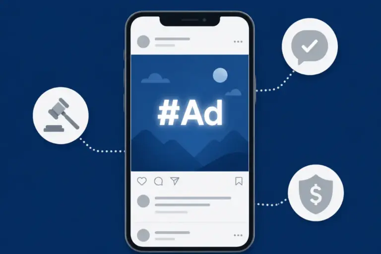 Smartphone showing #Ad disclosure label with gavel and shield icons — influencer FTC disclosure rules