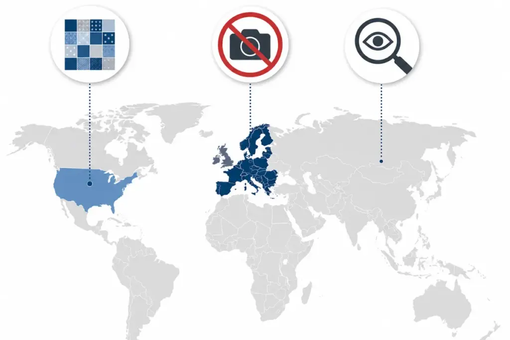 World map highlighting EU, US, and UK facial recognition legal issues with icons showing ban, patchwork, and surveillance