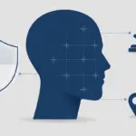 Abstract face silhouette with scan grid lines, shield, and gavel icons — facial recognition legal issues
