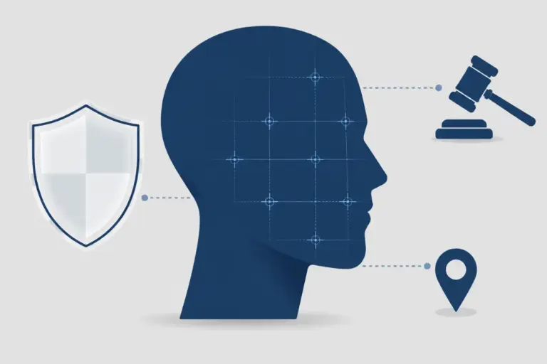 Abstract face silhouette with scan grid lines, shield, and gavel icons — facial recognition legal issues