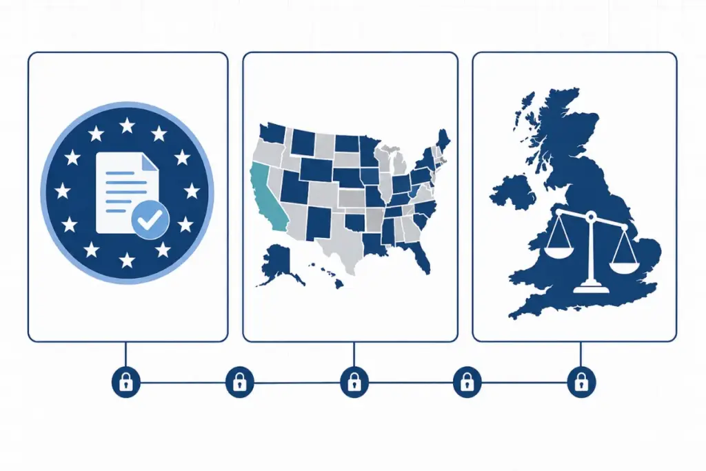 Three panels comparing EU, US, and UK social media data privacy rights with legal icons for each jurisdiction