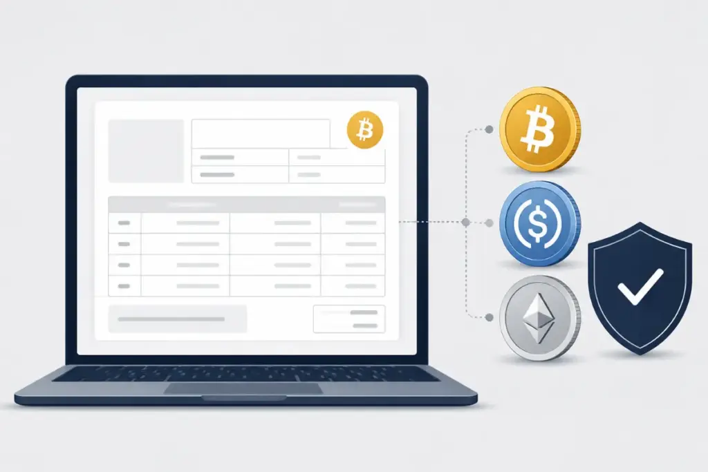 Laptop showing crypto tax form beside Bitcoin and stablecoin icons with shield IRS reporting 2026