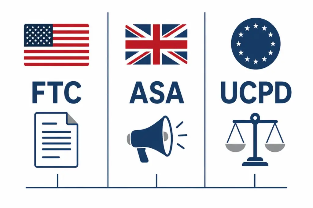 US FTC, UK ASA, and EU UCPD icons side by side comparing influencer FTC disclosure rules by jurisdiction