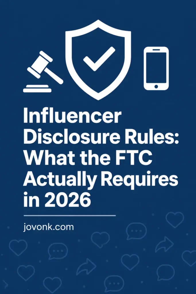 Pinterest pin for influencer FTC disclosure rules with shield, gavel, and smartphone icons on navy
