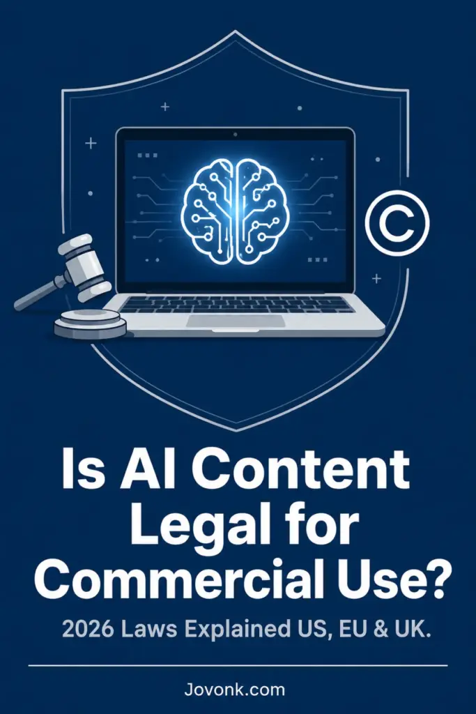 Pinterest graphic about whether AI content is legal for commercial use across US, EU, and UK law