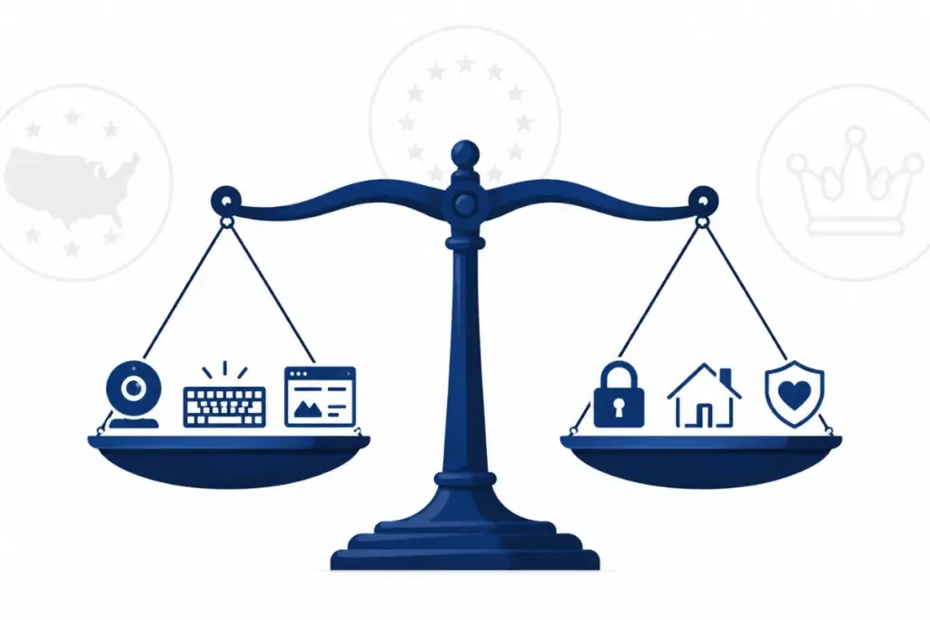 Scales of justice weighing webcam and keyboard icons against a padlock, showing limits when employers monitor remote workers