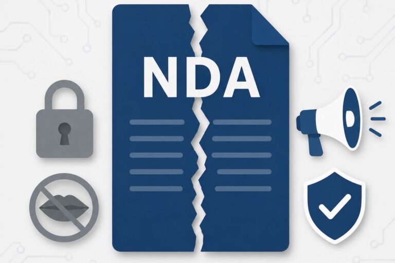 Torn NDA document icon with padlock on one side and megaphone on the other NDA tech workers rights