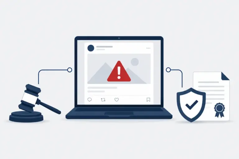Gavel, laptop with warning icon, and shield representing online defamation how to take down content legally