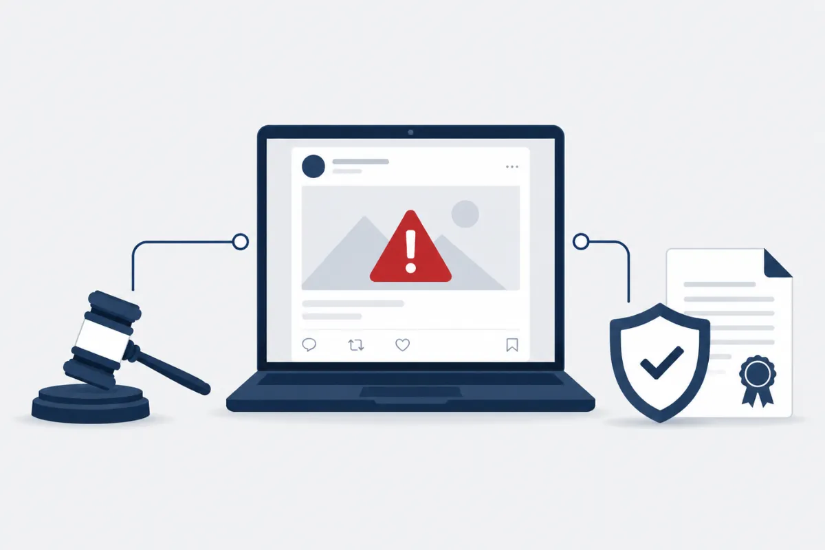 Gavel, laptop with warning icon, and shield representing online defamation how to take down content legally