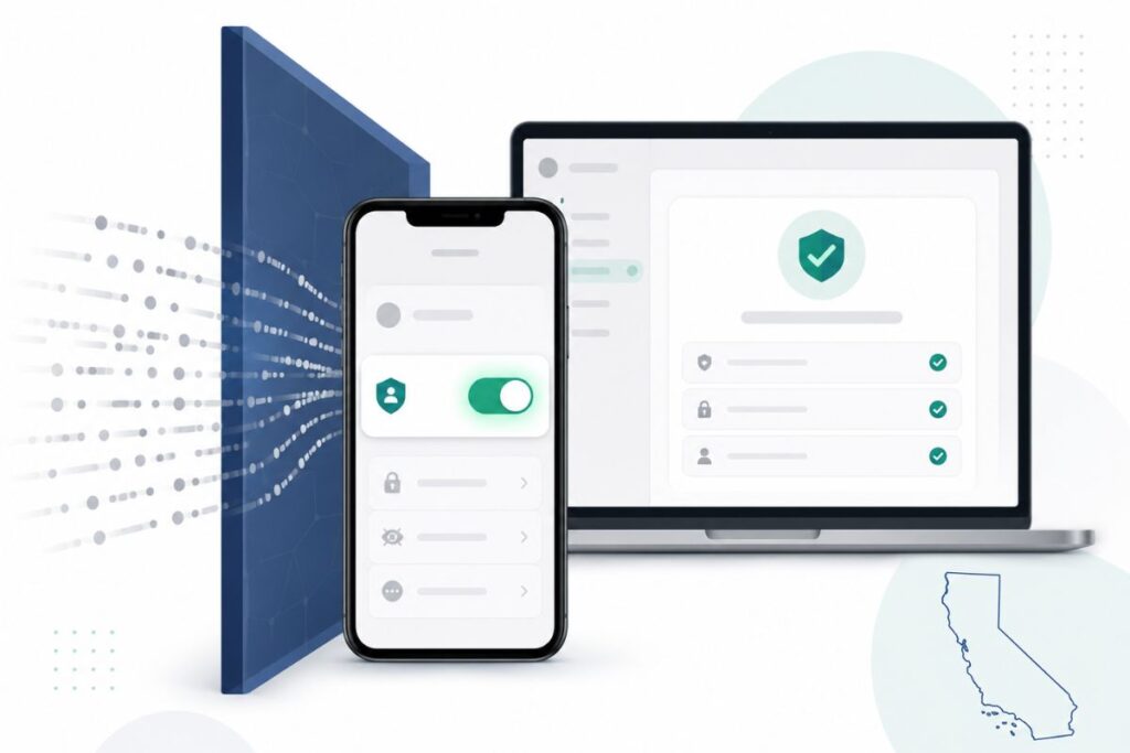  Smartphone and laptop showing opt-out toggles blocking personal data flow under California CCPA