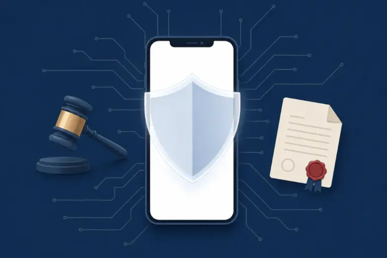 Smartphone with shield and gavel icons representing legal protections — can police access your phone data