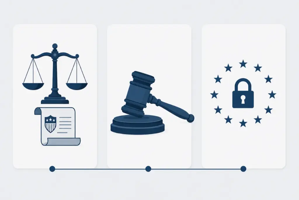 Scales of justice, gavel, and EU emblem representing phone search laws across US, UK, and EU jurisdictions