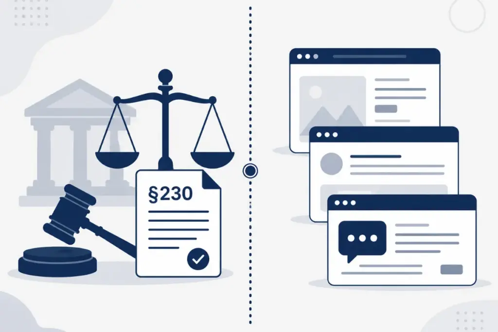 Gavel and scales of justice next to platform content windows illustrating section 230 explained