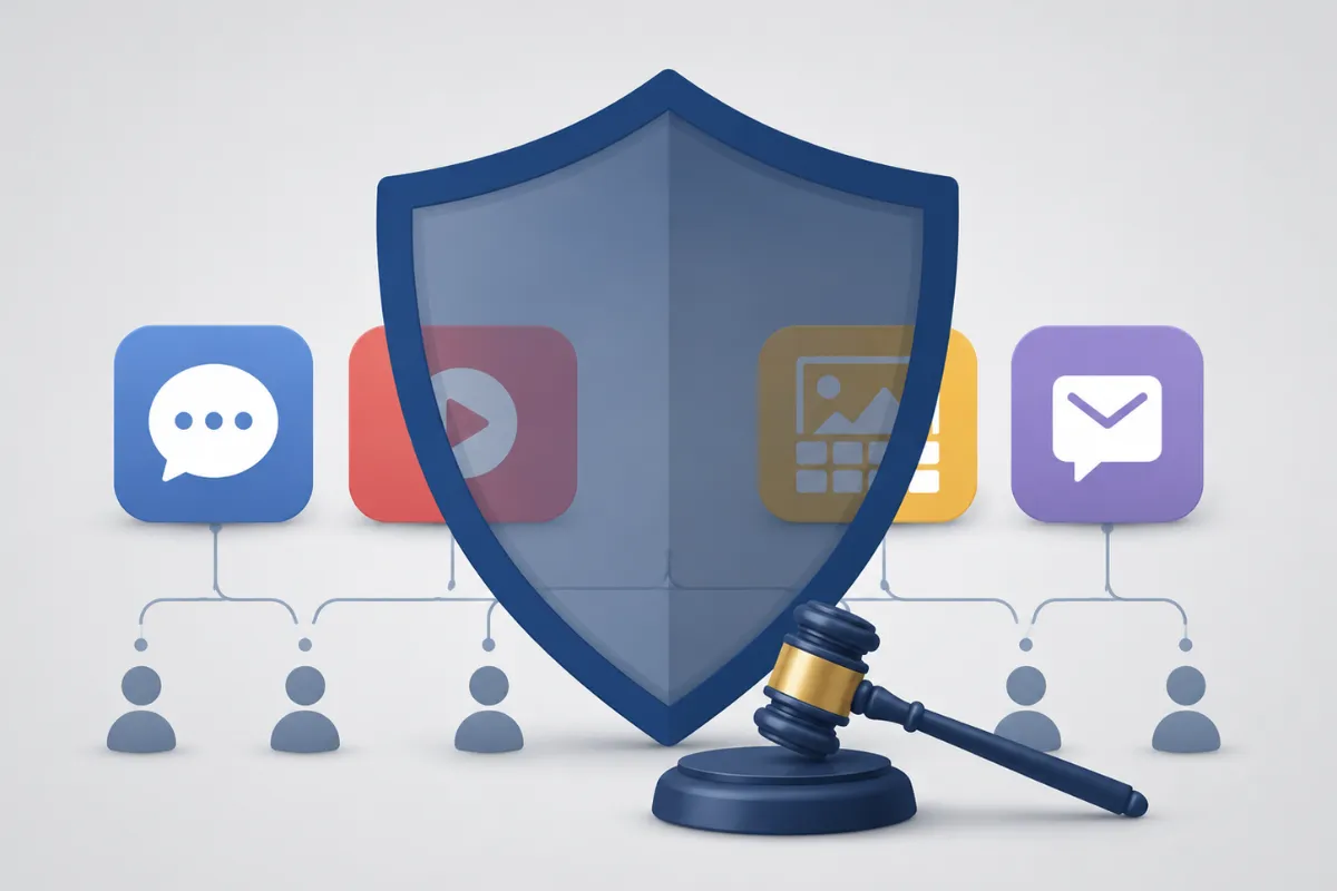 Shield icon standing between social media platform icons and users section 230 explained