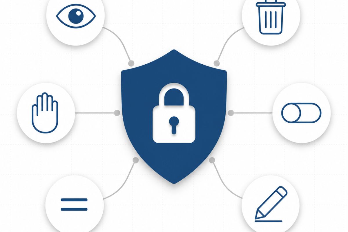 Shield with padlock surrounded by six icons representing CCPA explained simple consumer privacy rights