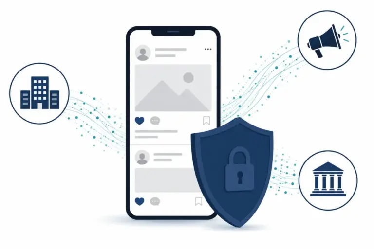Smartphone with social media icons as data streams flow toward corporate and government buildings, shield blocking some streams