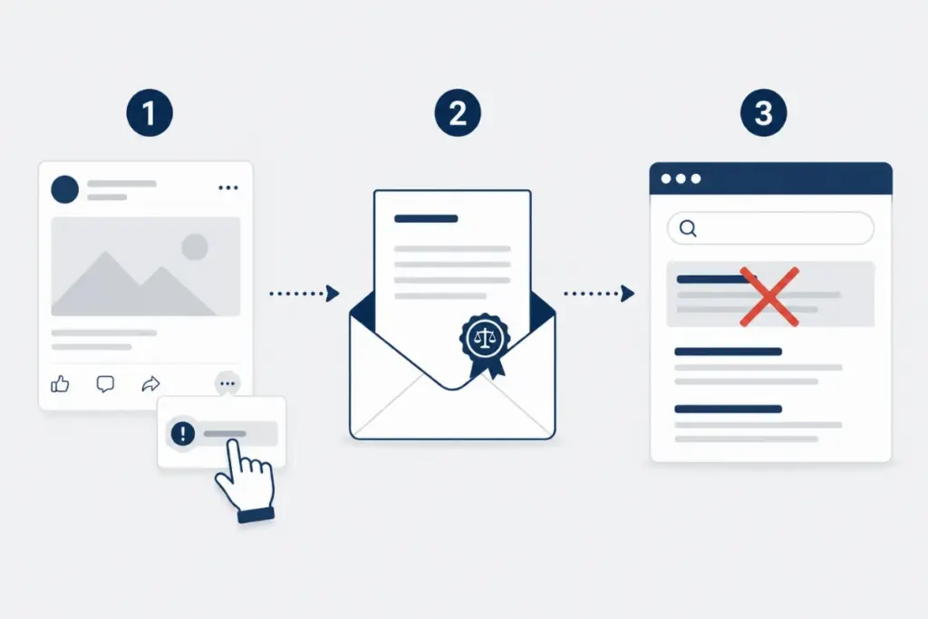 Three-step process showing how to report, request, and remove defamatory content from search results