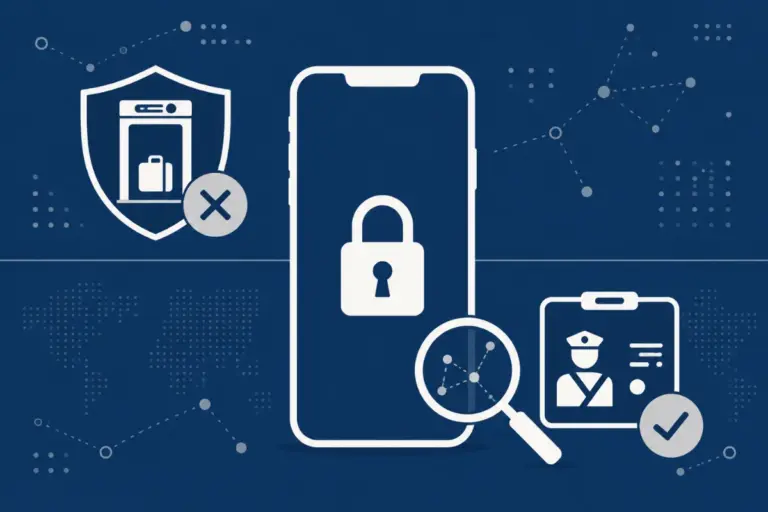Smartphone with padlock icon split between TSA (denied) and CBP (permitted) badge symbols can TSA search your phone