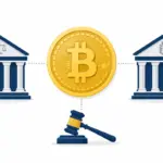 Bitcoin coin between SEC and CFTC regulatory buildings with gavel crypto regulation US 2026