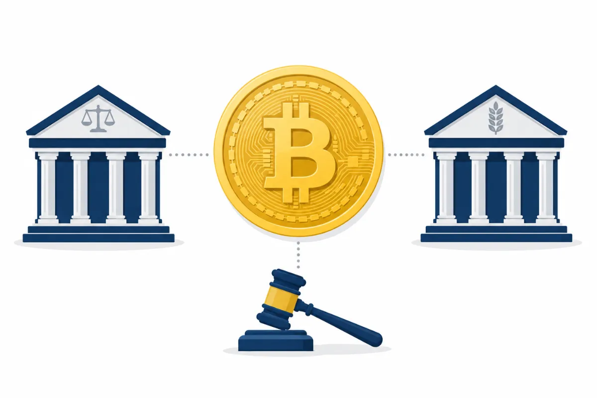 Bitcoin coin between SEC and CFTC regulatory buildings with gavel crypto regulation US 2026