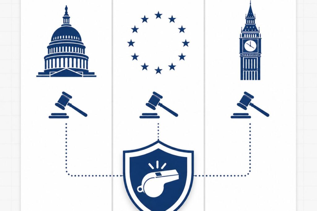 US, EU, and UK jurisdiction icons connected to whistleblower shield — NDA tech workers rights by country