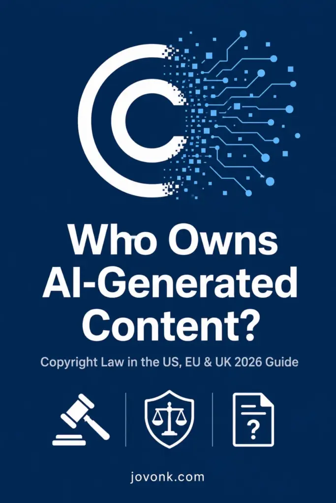 Pinterest guide to AI copyright who owns the work gavel, shield, and document icons on navy
